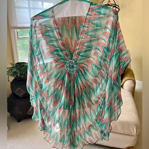NWOT!  Shoshanna size M vintage, silk pool coverup in teal and pink.